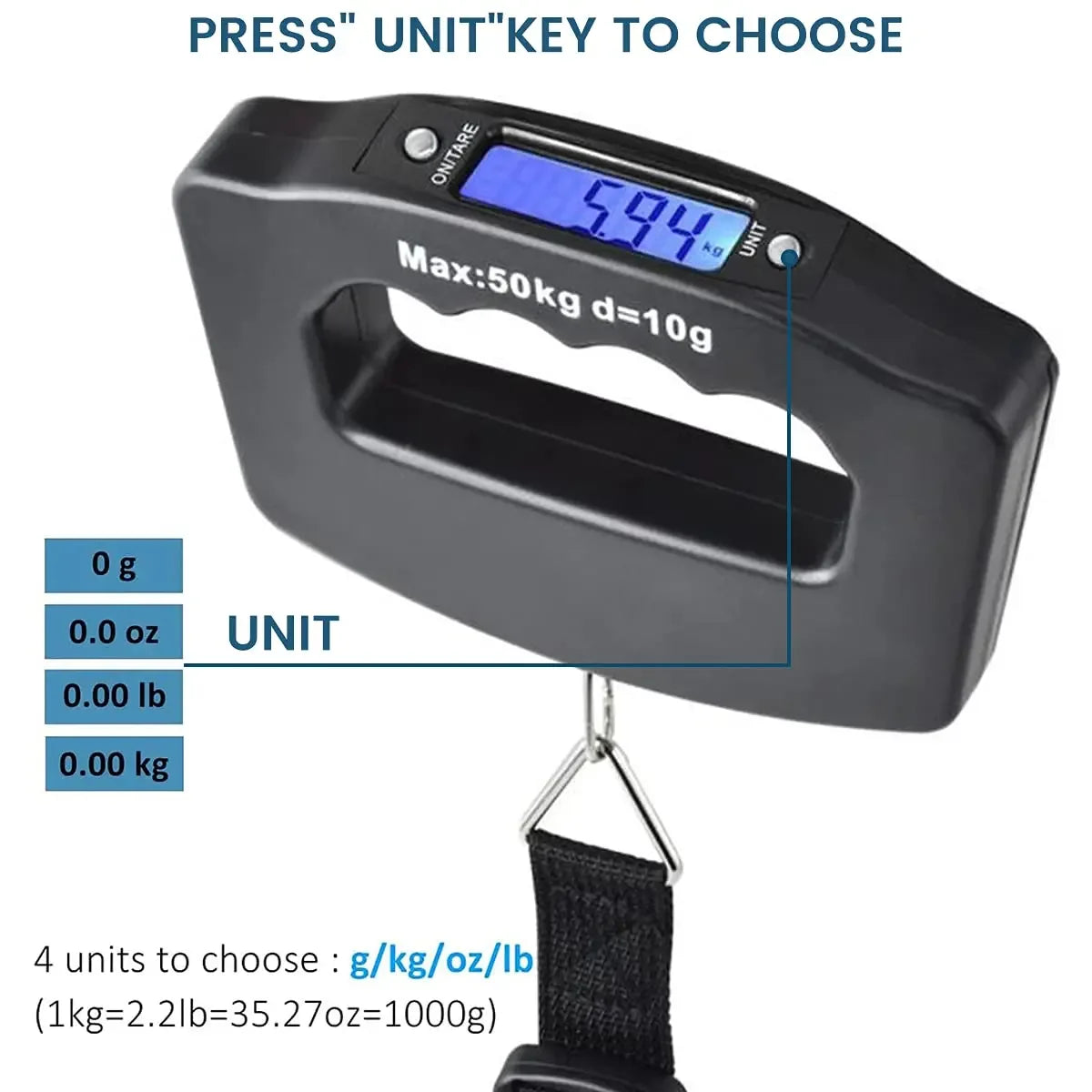 Digital Luggage Scale 50kg/110lb, Portable Handheld Scale with Backlight, Tare Function, 4 Units (g/kg/oz/lb) – Perfect for Tra - Luvia