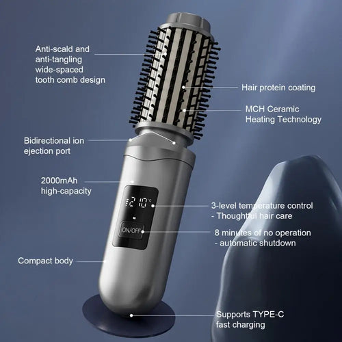 Cordless Hair Curling Iron Brush USB Rechargeable Travel Heated Round