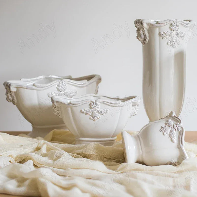 French Ceramic Vase Palace Flower Relief Decorative Living Room Flower Vases Retro Dining Room Desktop Ornaments Home Decoration - Luvia