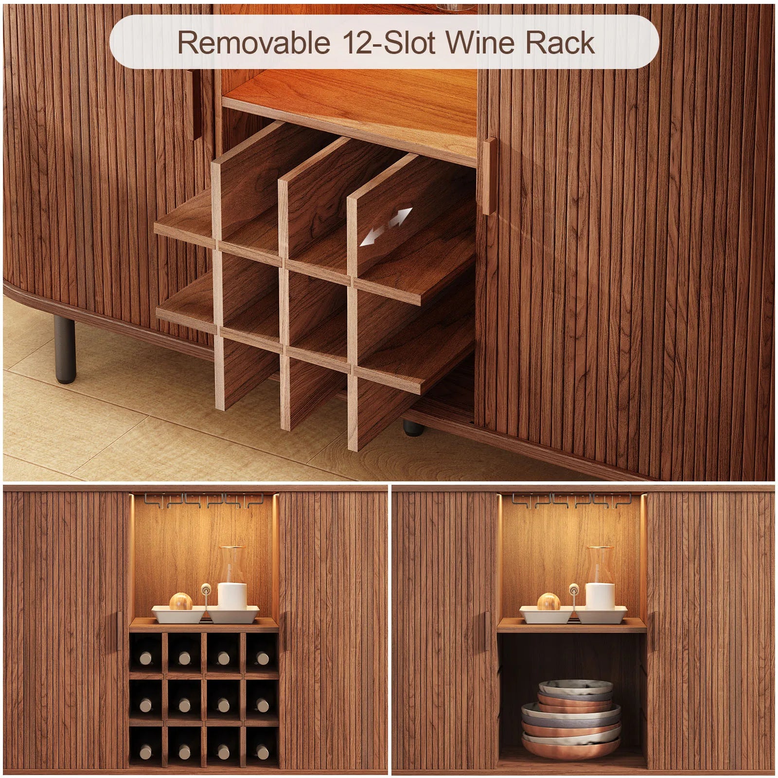 Wine Bar Cabinet w/ LED Light,Liquor Cabinet for Home,Coffee Bar Cabinet w/ Wine Rack & Glass Holder,Walnut Buffet Sideboard
