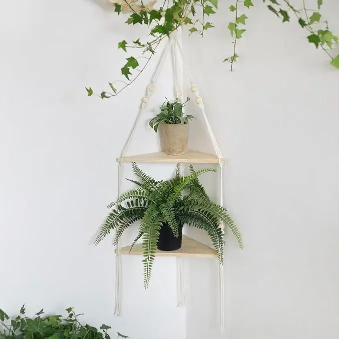 Corner Shelf Macrame Wall Hanging Wood Floating Shelves Rustic Boho Wall Shelf Decor Storage Rack for Plants Pots Photo Frames - Luvia