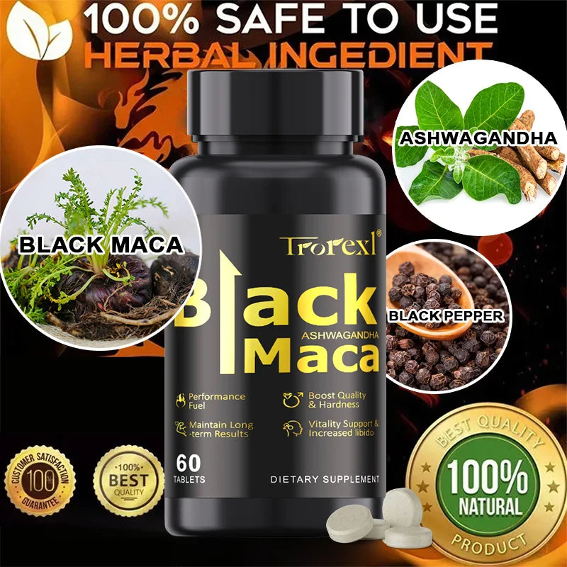 Natural Black Maca with Ashwagandha, Male Enhancing Supplements, Stamina & Energy, Supports Reproductive Health