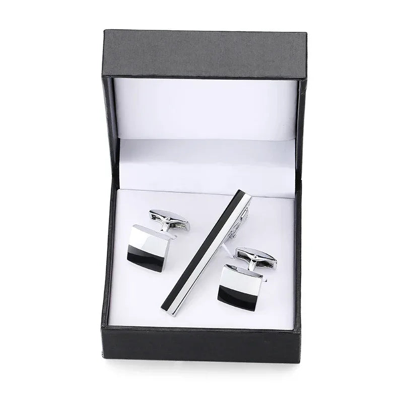 Tie clip cufflink box set square brushed enamel striped cross design men's French shirt cufflinks business suit tie clip gift - Luvia