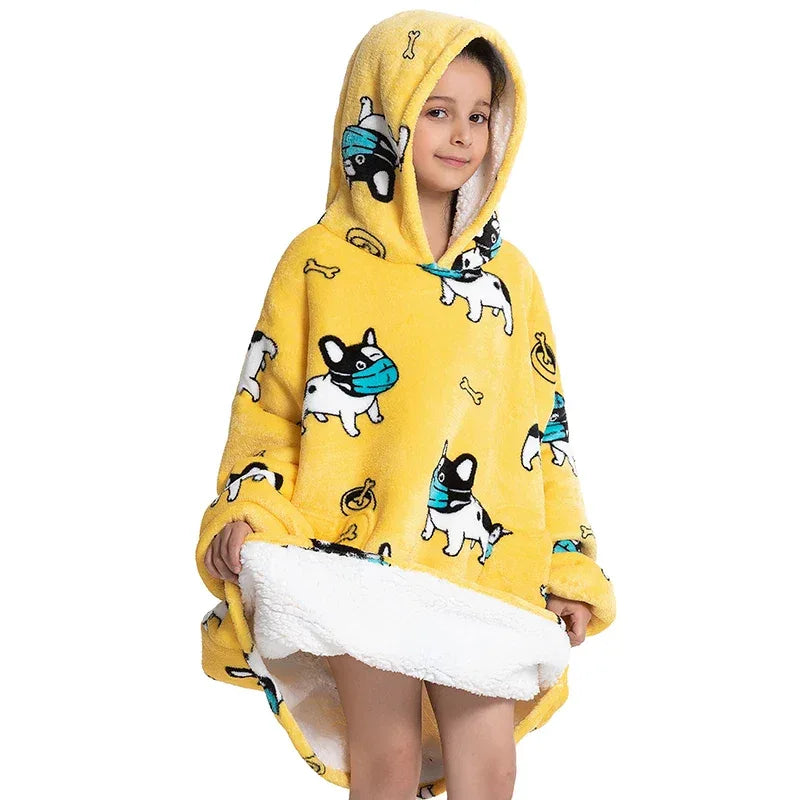 Oversized Wearale Blanket Hoodie Flannel Sherpa Fleece Warm Soft Winter Hoodie Sweatshirt for Kids Adults Home Blanket Snuggle - Luvia