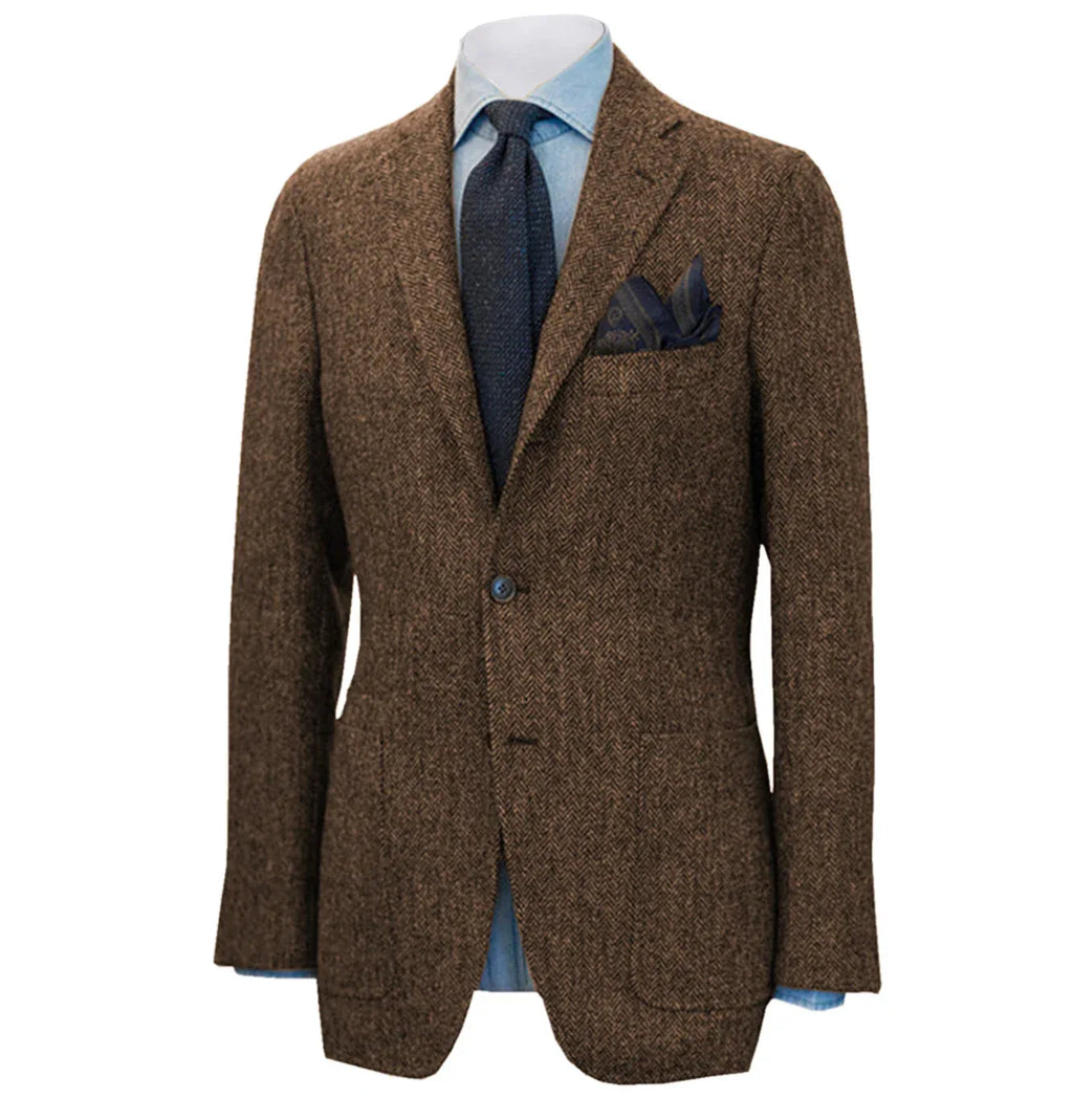 Men's Suit Brown Blazer Prom Tuxedos Herringbone Wool Tweed Single Breasted Formal Bussiness Wedding Groom's Jacket (Only Coat) - Luvia