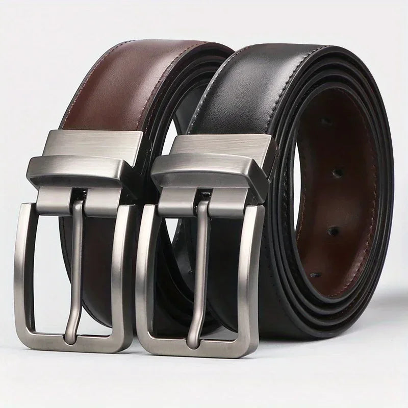 1pc Men's Leather Reversible Belt, Rotate Black Buckle - Luvia