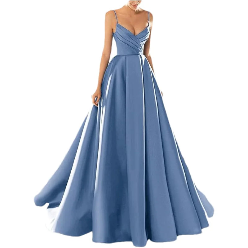 Customized Women's Satin Prom Dresses Formal Gowns Long Spaghetti Strap V-Neck A-line Simple Evening Party Dress with Pockets