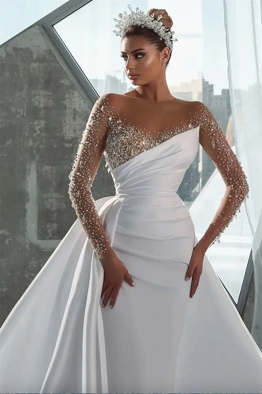 Custom Sexy Sheer Long Sleeve Crystals Jewel Neck Mermaid Wedding Dresses Beads Arabic Dubai Bridal Gowns with Detachable Skirt