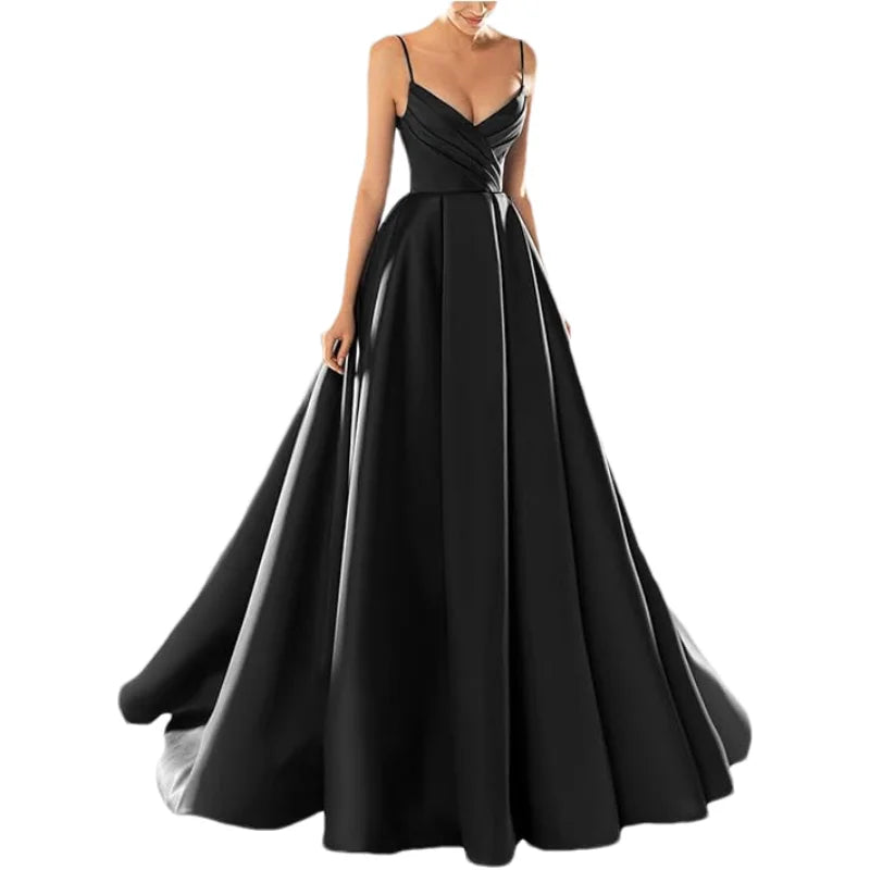 Customized Women's Satin Prom Dresses Formal Gowns Long Spaghetti Strap V-Neck A-line Simple Evening Party Dress with Pockets