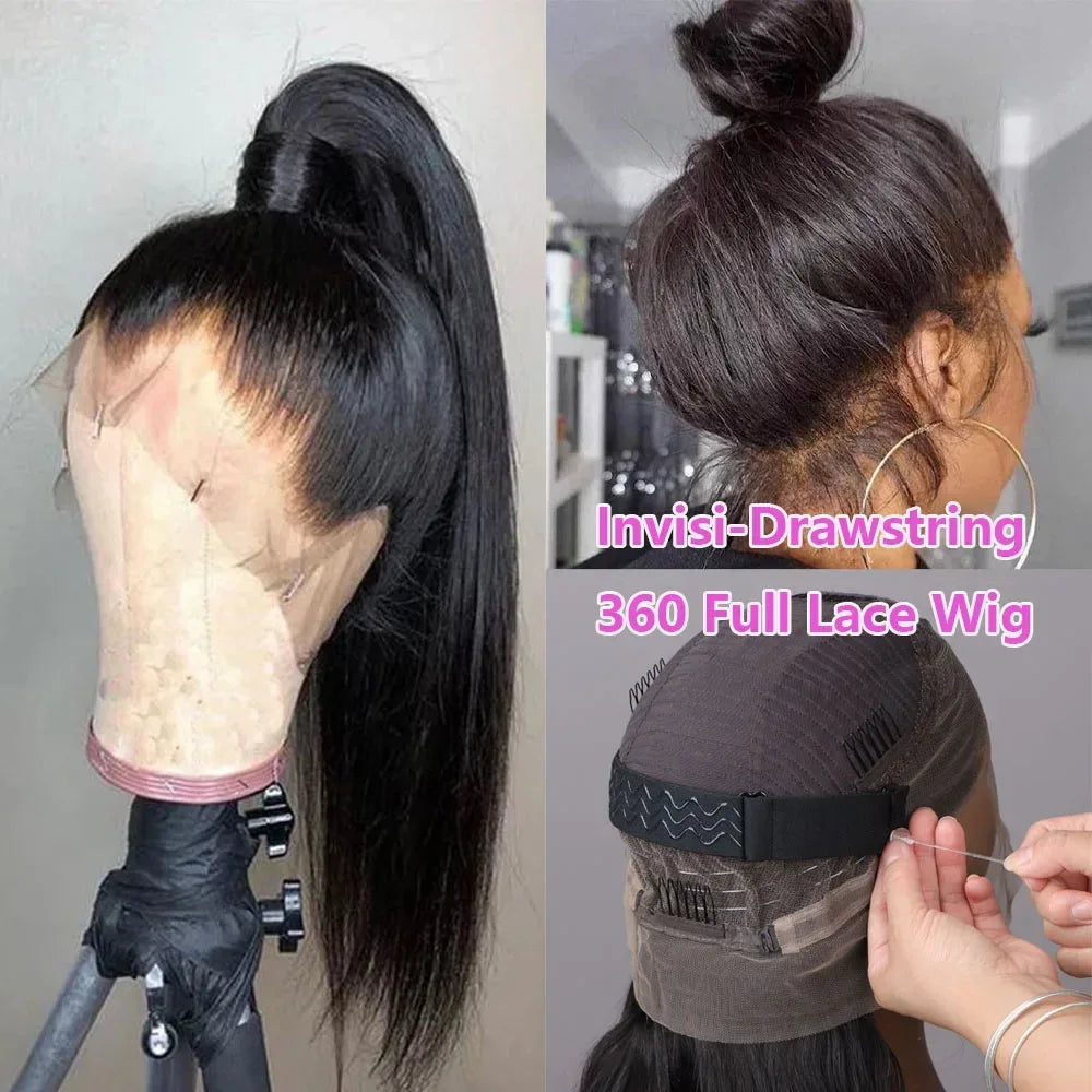 360 Full Hd Lace Wig Invisible Drawstring Glueless Wig Straight Human Hair Natural Color 220 Density Pre Plucked Ready To Wear - Luvia