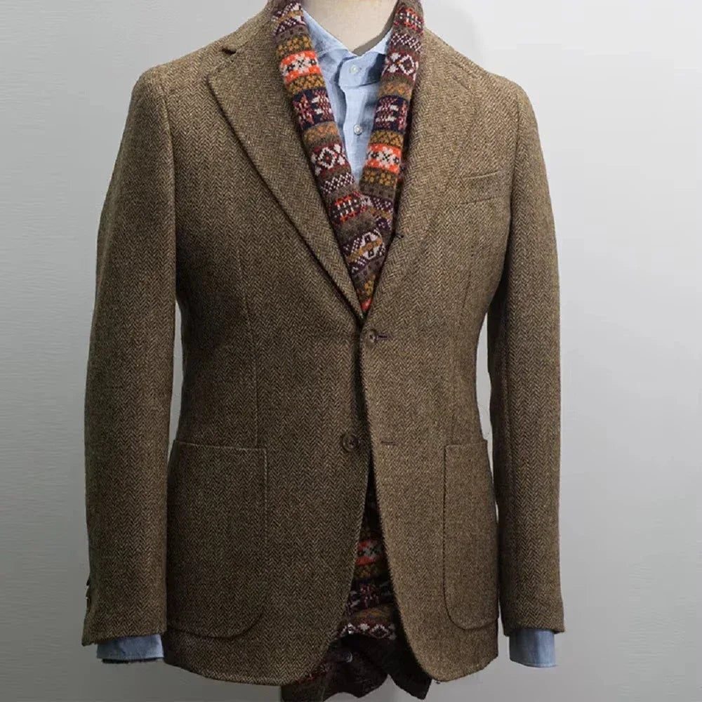 Men's Suit Brown Blazer Prom Tuxedos Herringbone Wool Tweed Single Breasted Formal Bussiness Wedding Groom's Jacket (Only Coat) - Luvia