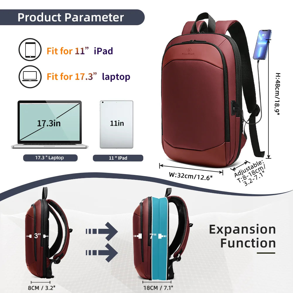 HcanKcan Fashion Men's Backpack Lightweight Expandable Backpack for Men 17.3 Inch Laptop Travel Daypack with USB Port School Bag