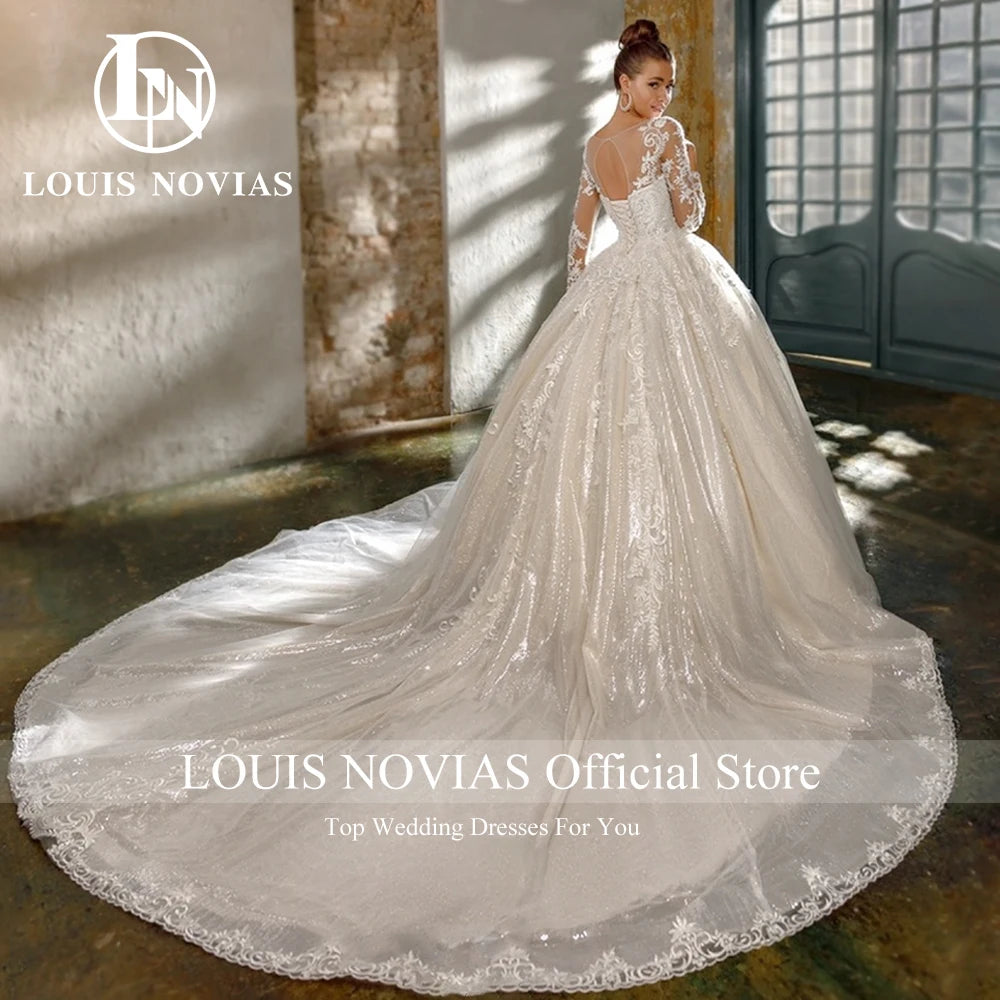 LOUIS NOVIAS Luxury Ball Gown Wedding Dress For Women Long Sleeve Glitter Beading Appliques Wedding Gown Vestidos De Novia