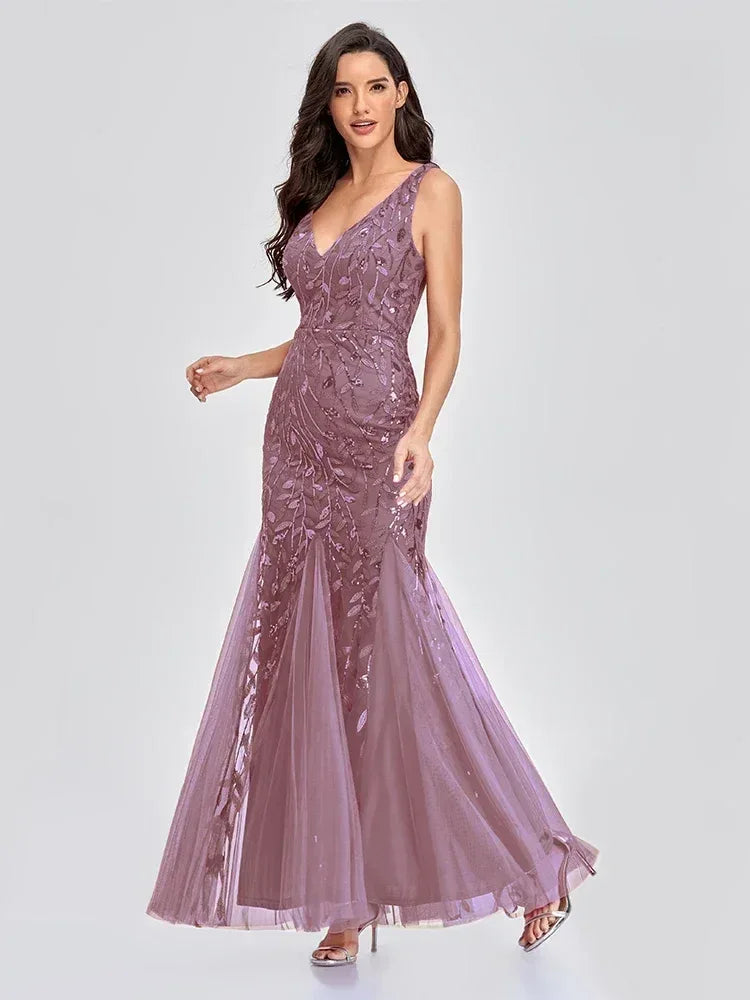 Women's Sleeveless Embroidered Beaded Fabric Evening Gown V Neck Elegant Mermaid Skirt Dress Formal Party Dress Catwalk Stage - Luvia