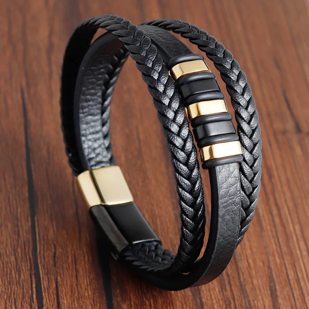 Charm Braid Rope Bracelet For Men Stainless Steel Magnetic Buckle Genuine Leather Bracelets & Bangles Male Female Jewelry - Luvia