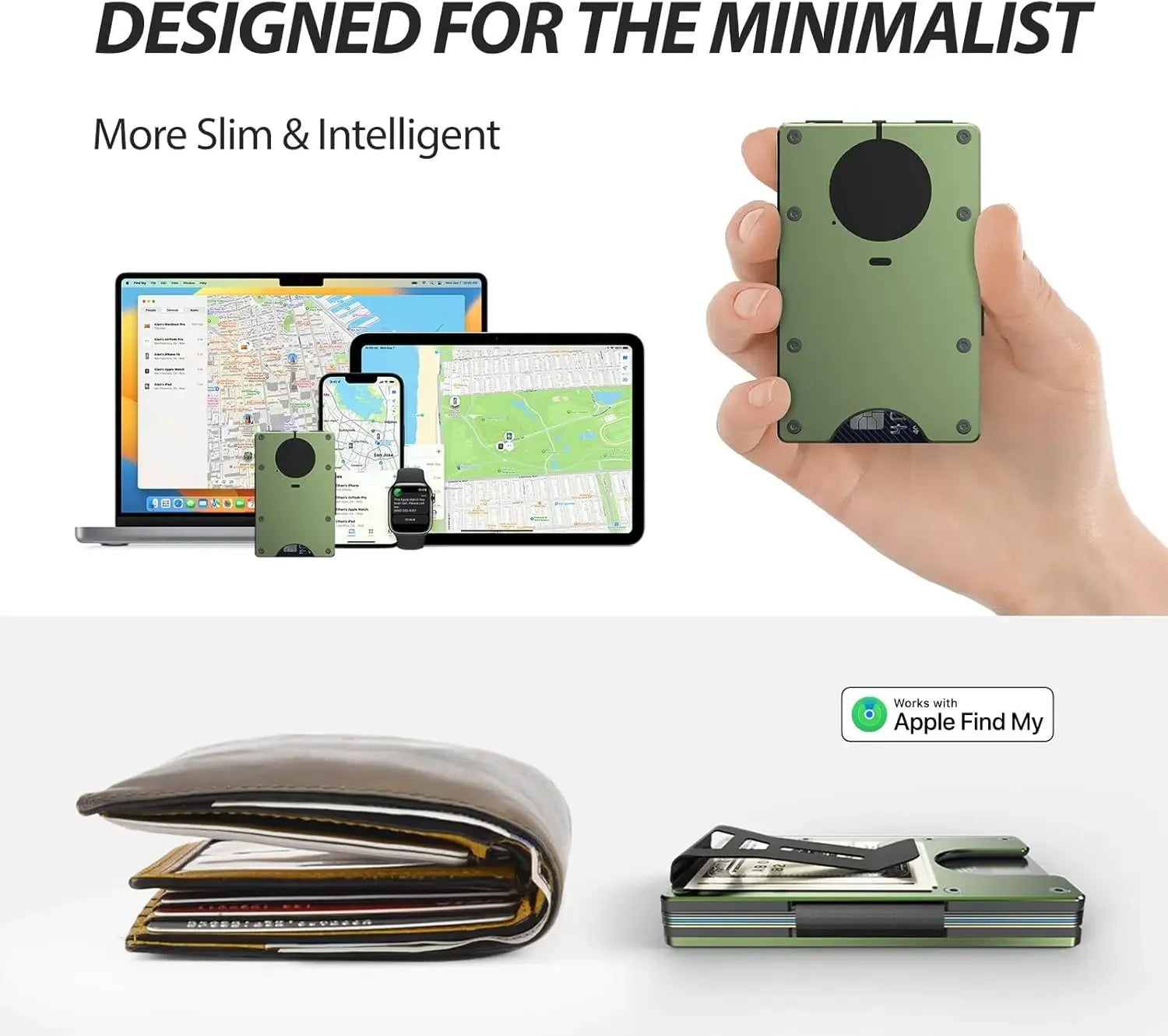 RFID Blocking Credit Card Holder, Slim Wallet For Men, Compatible with Find My iOS Only, Detachable Money Clip - Luvia