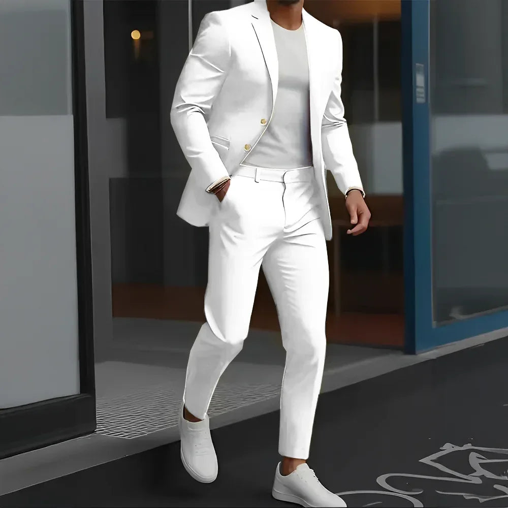 Formal Suit for Mens Business Work Clothes Office Jacket Pants 2-Piece Suit Wedding Groom Tuxedo 2-Button Blazer - Luvia