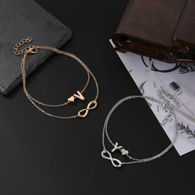 Boho Initial Anklet Heart Infinity Silver Color Ankle Bracelet on Leg Chain 26 Letter Anklets For Women Ankle Beach Foot Jewelry - Luvia
