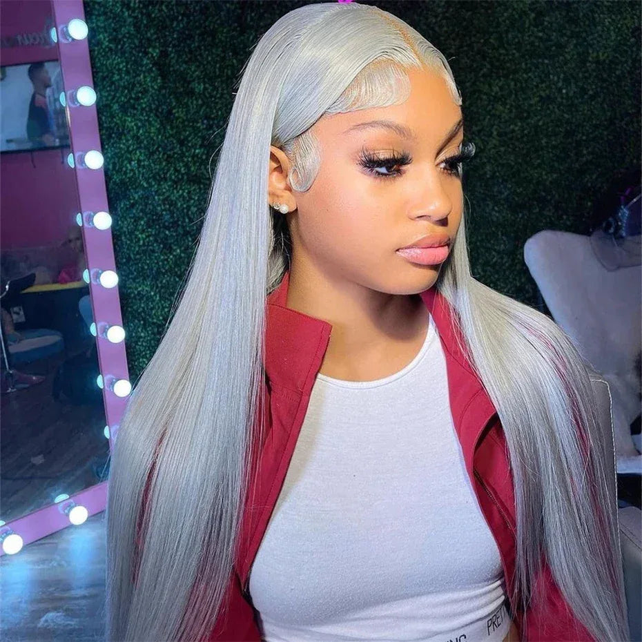 13x6 Silver Grey Straight Lace Front Human Hair Wigs Pre Plucked 613 Blonde Body Wave Frontal Wigs For Women Brazilian Hair Wigs - Luvia