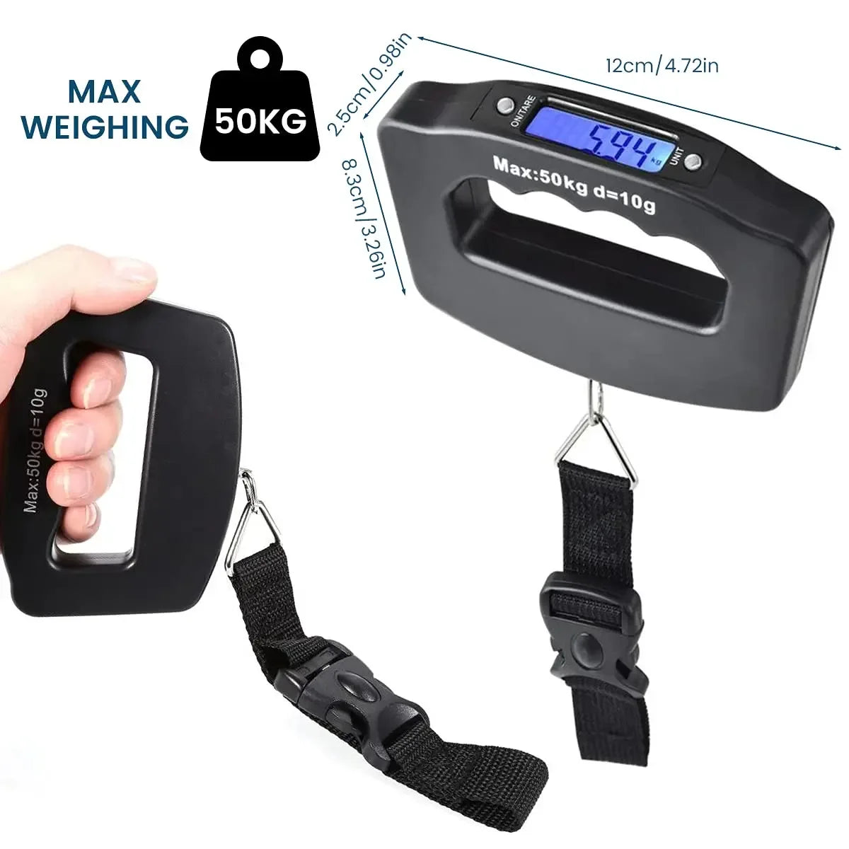 Digital Luggage Scale 50kg/110lb, Portable Handheld Scale with Backlight, Tare Function, 4 Units (g/kg/oz/lb) – Perfect for Tra - Luvia