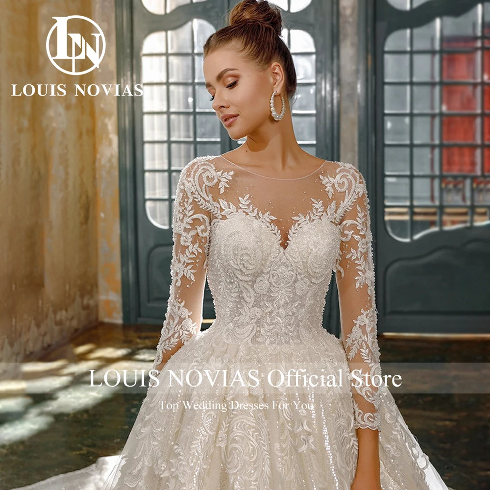 LOUIS NOVIAS Luxury Ball Gown Wedding Dress For Women Long Sleeve Glitter Beading Appliques Wedding Gown Vestidos De Novia