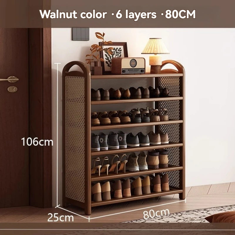 Multi layer shoe rack, retro style rattan woven simple home door shoe cabinet, large capacity storage rack for entrance doors