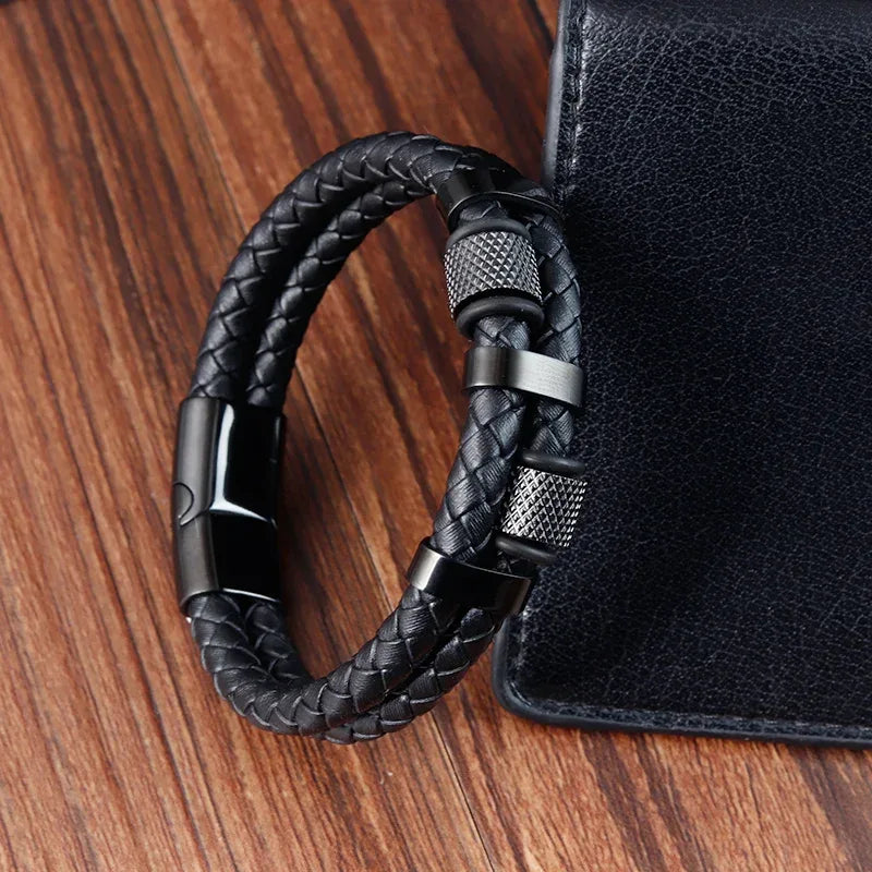 Charm Braid Rope Bracelet For Men Stainless Steel Magnetic Buckle Genuine Leather Bracelets & Bangles Male Female Jewelry - Luvia