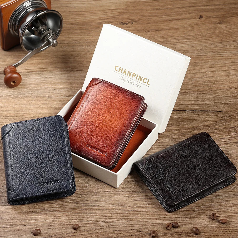 Boxed men's wallet short top layer cowhide wallet with classic three fold RIFD anti-theft brush  wallet gift box men purses