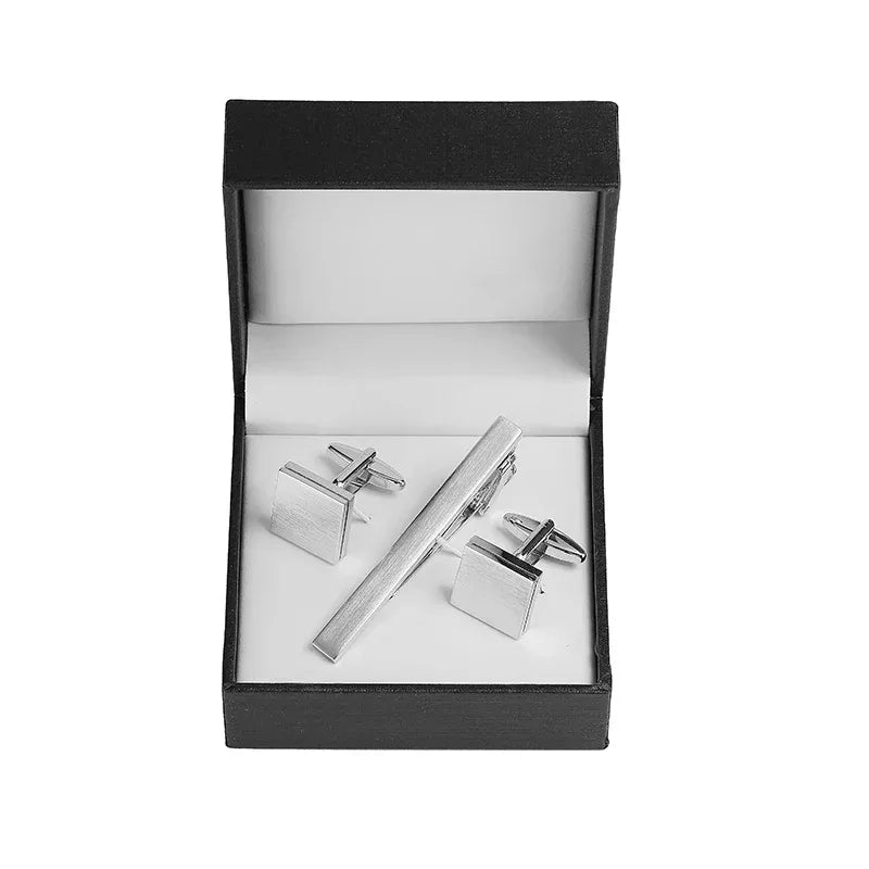 Tie clip cufflink box set square brushed enamel striped cross design men's French shirt cufflinks business suit tie clip gift - Luvia