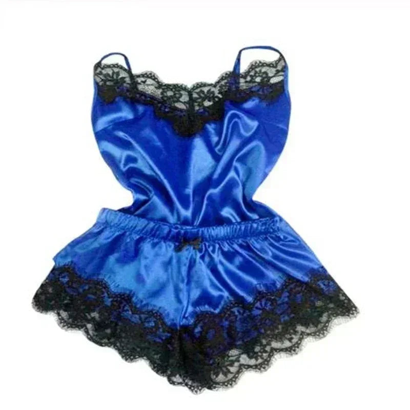 Summer Lace Silk Pajama Set for Women Sleepwear Sexy Lingerie Cami Top and Shorts Sets Comfortable Casual Pijamas - Luvia