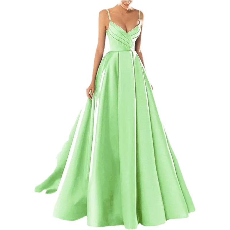 Customized Women's Satin Prom Dresses Formal Gowns Long Spaghetti Strap V-Neck A-line Simple Evening Party Dress with Pockets