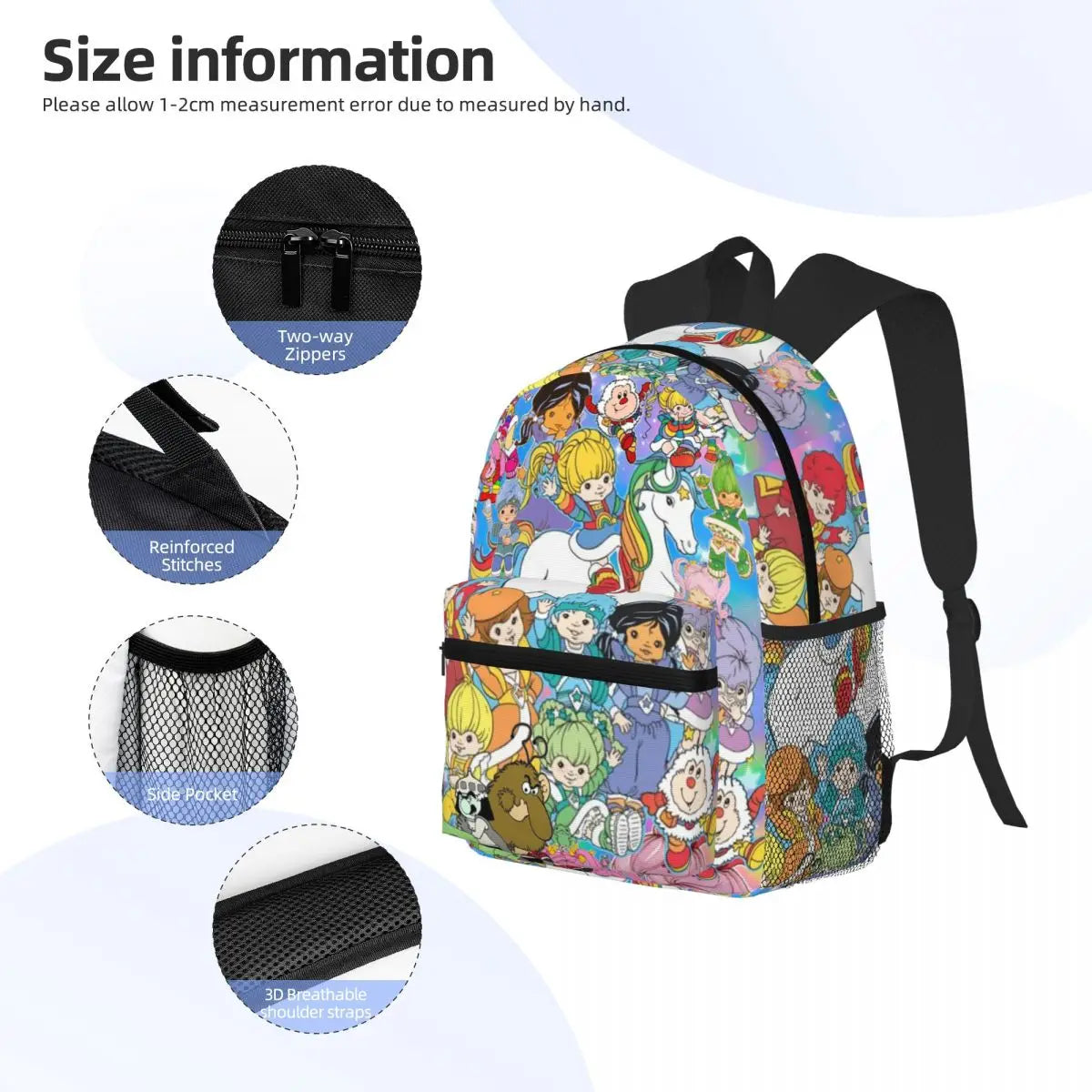 Cartoon Cute Rainbow Brite Student Backpack School Bag Hiking Travel Daypack for Boys Girls Fashion Bookbag Shoulder Bags