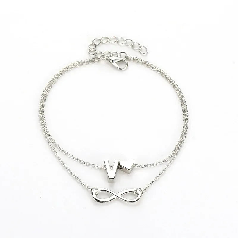 Boho Initial Anklet Heart Infinity Silver Color Ankle Bracelet on Leg Chain 26 Letter Anklets For Women Ankle Beach Foot Jewelry - Luvia