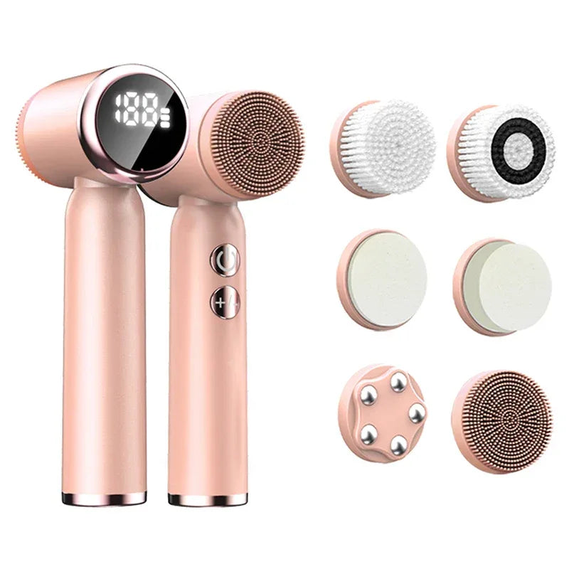 Portable 6-in-1 silicone electric Cleansing brush Facial pore cleaning and exfoliating waterproof Sonic cleansing brush - Luvia