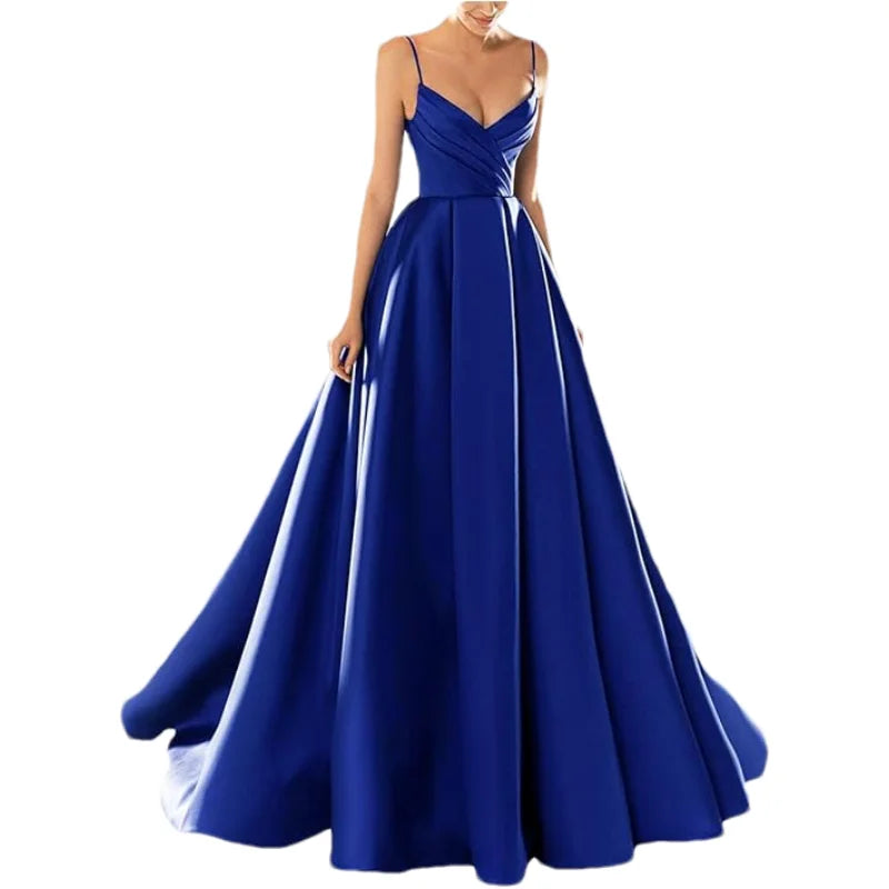 Customized Women's Satin Prom Dresses Formal Gowns Long Spaghetti Strap V-Neck A-line Simple Evening Party Dress with Pockets