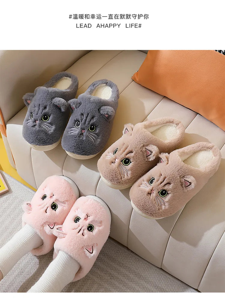 Winter Warm Slipper Women House Fuzzy Cat Cartoon Fur Plush Indoor Lazy Female Thermal Home Shoe Furry Funny Flat flip flop