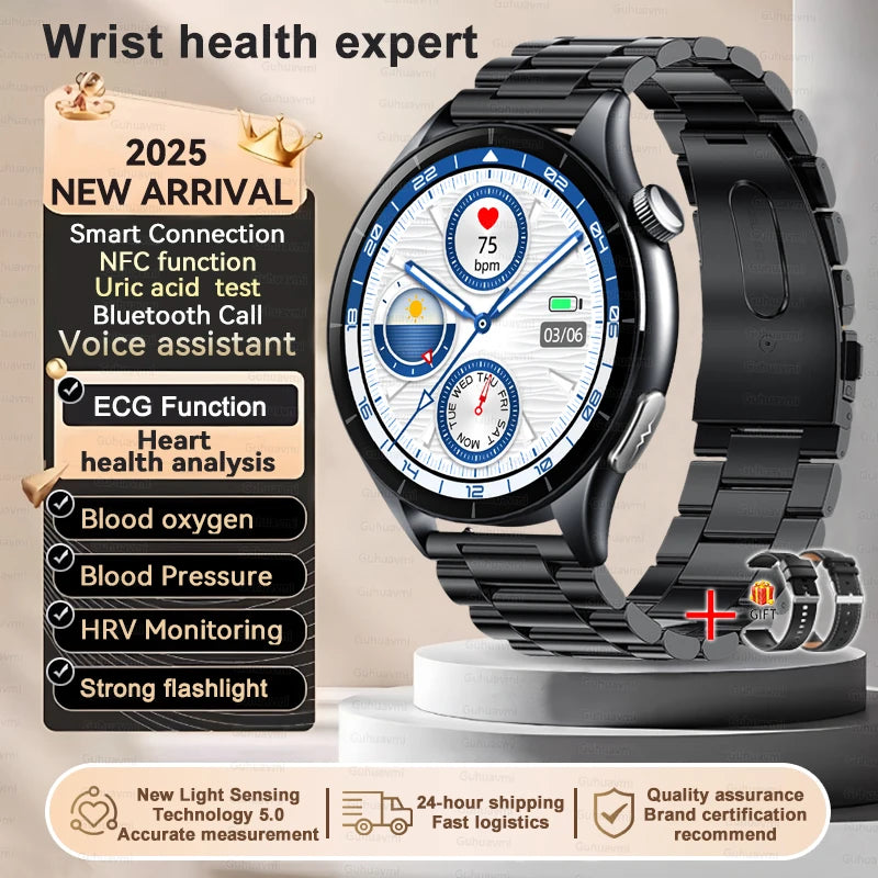 2025 New Body Fat Analysis Health Smart Watch ECG+PPG Uric Acid Lipid Blood Pressure NFC Clock Call Smartwatches For Men Women