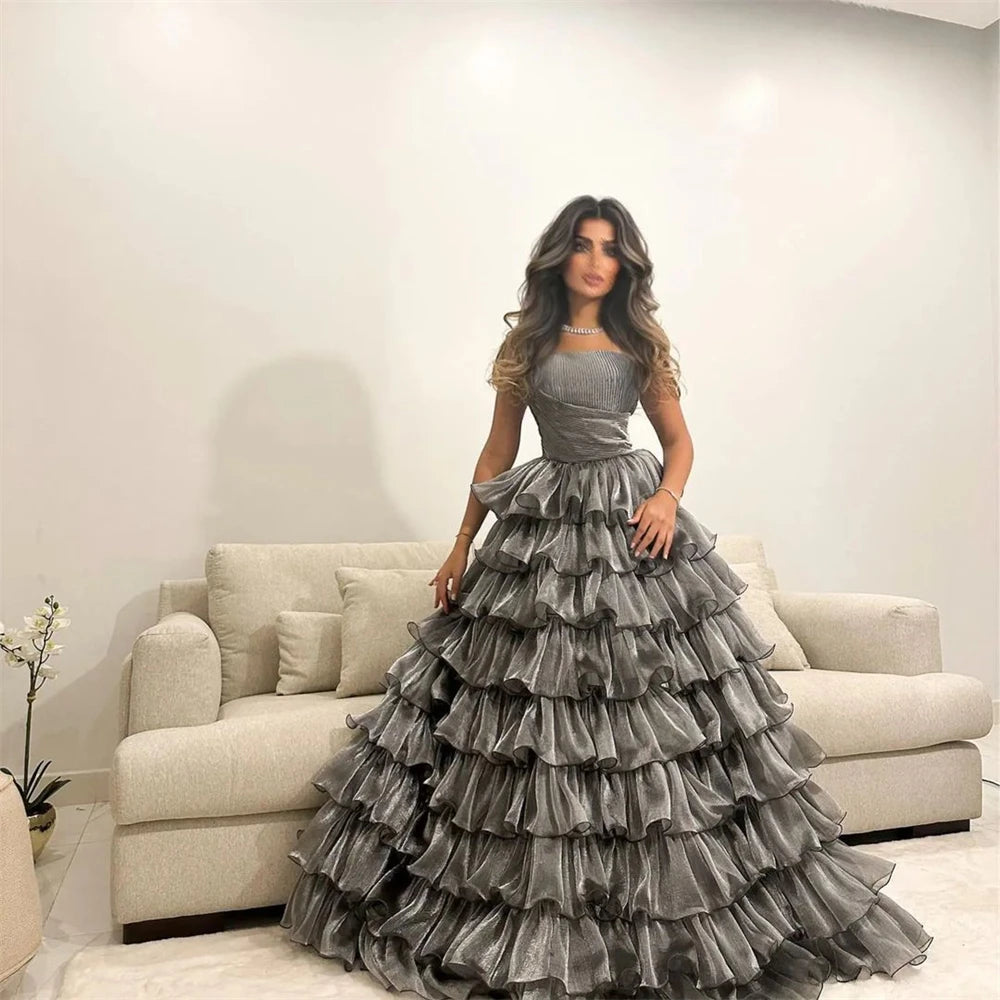 Customized Retro Exquisite Strapless A-line Layered Tulle Formal Occasion Gown vestido de festa longo robe soirée femme luxe