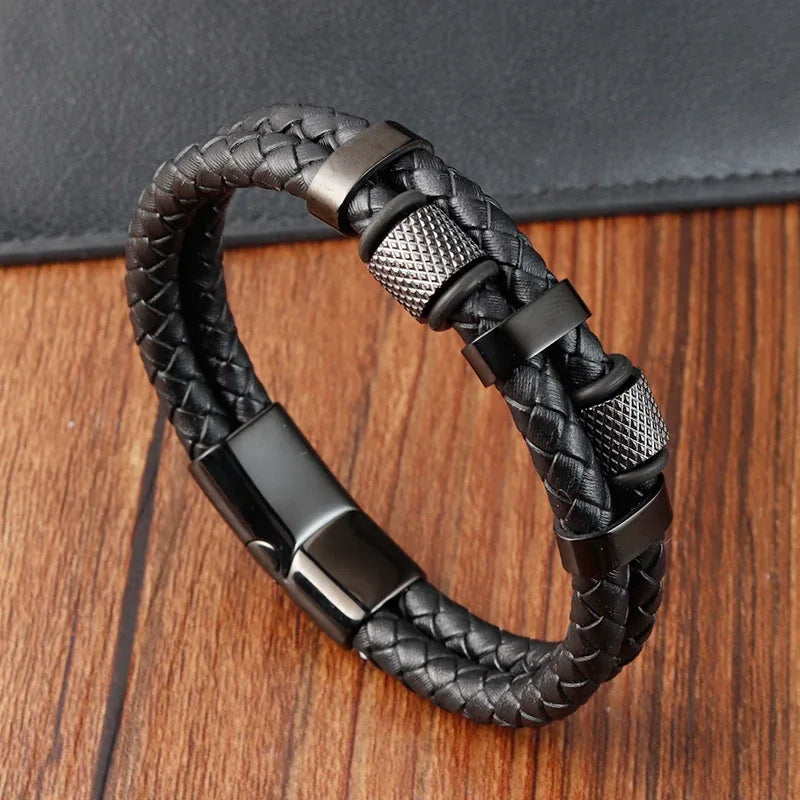 Charm Braid Rope Bracelet For Men Stainless Steel Magnetic Buckle Genuine Leather Bracelets & Bangles Male Female Jewelry - Luvia