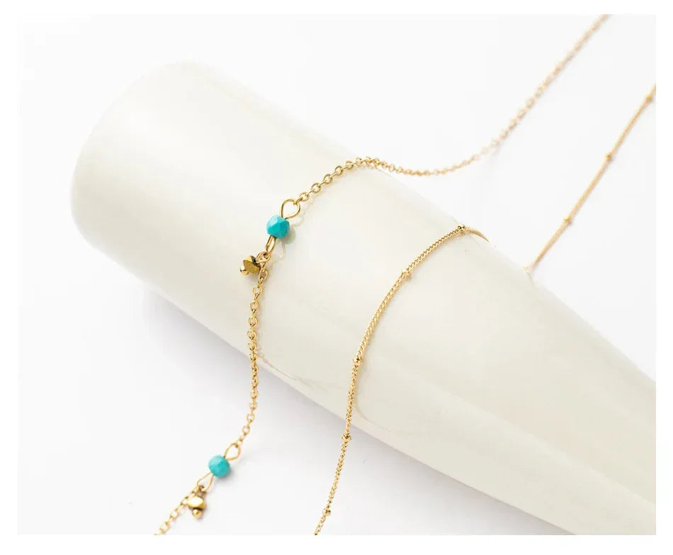 Gold Plated Stainless Steel Layered Necklace for Women Green Beads Pendant Choker Chain Necklaces Engagement Fashion Jewelry - Luvia