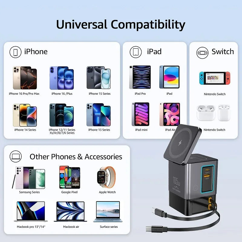 6-in-1 Charging Station with Retractable USB-C Cable Power Combo Tower 105W for Multiple Devices Fast Charger for iPhone Airpod - Luvia
