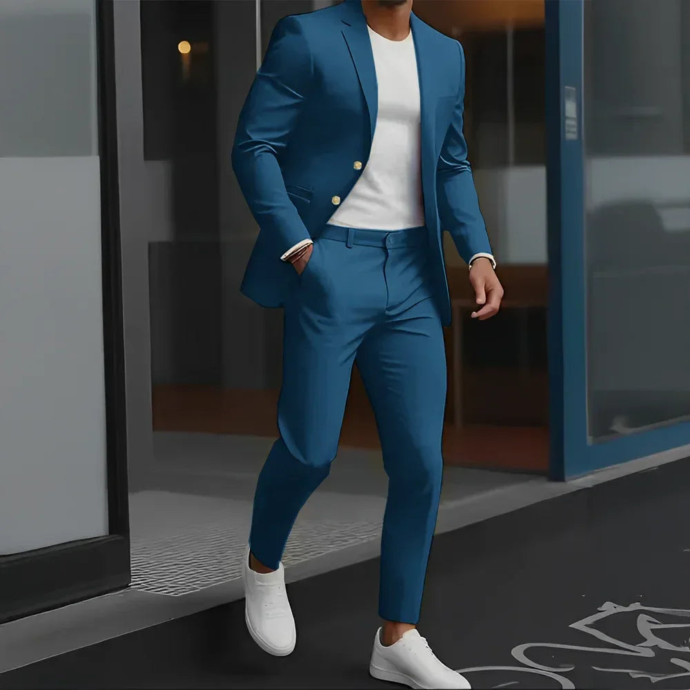 Formal Suit for Mens Business Work Clothes Office Jacket Pants 2-Piece Suit Wedding Groom Tuxedo 2-Button Blazer - Luvia