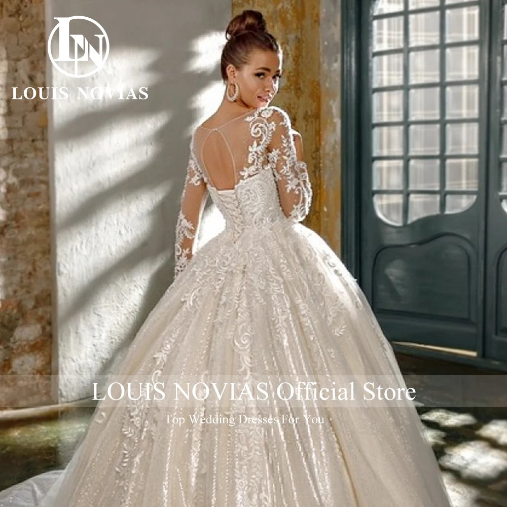 LOUIS NOVIAS Luxury Ball Gown Wedding Dress For Women Long Sleeve Glitter Beading Appliques Wedding Gown Vestidos De Novia