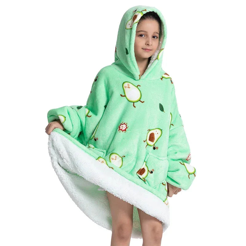 Oversized Wearale Blanket Hoodie Flannel Sherpa Fleece Warm Soft Winter Hoodie Sweatshirt for Kids Adults Home Blanket Snuggle - Luvia