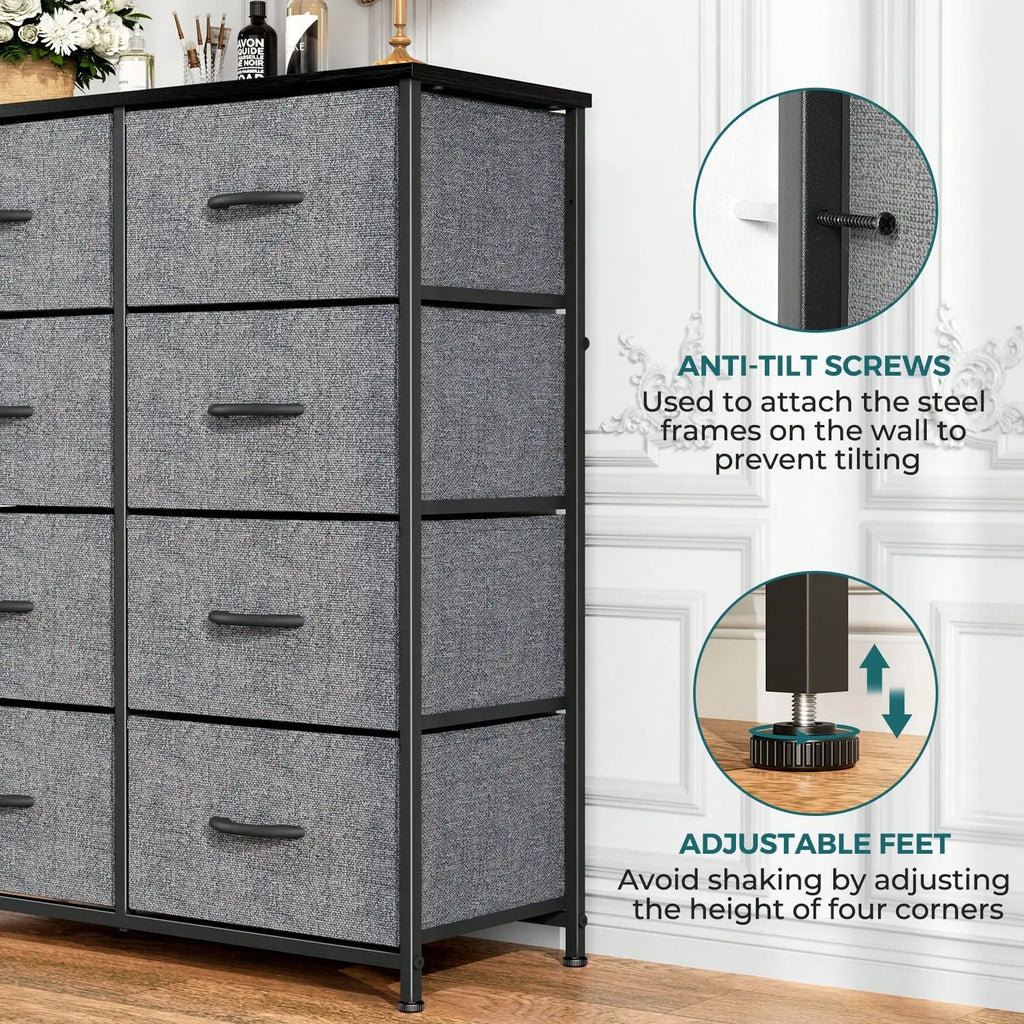 Tall Dresser With 8 Fabric Drawers Organizer Units, Chest Of Drawers For Bedroom With Wooden Top