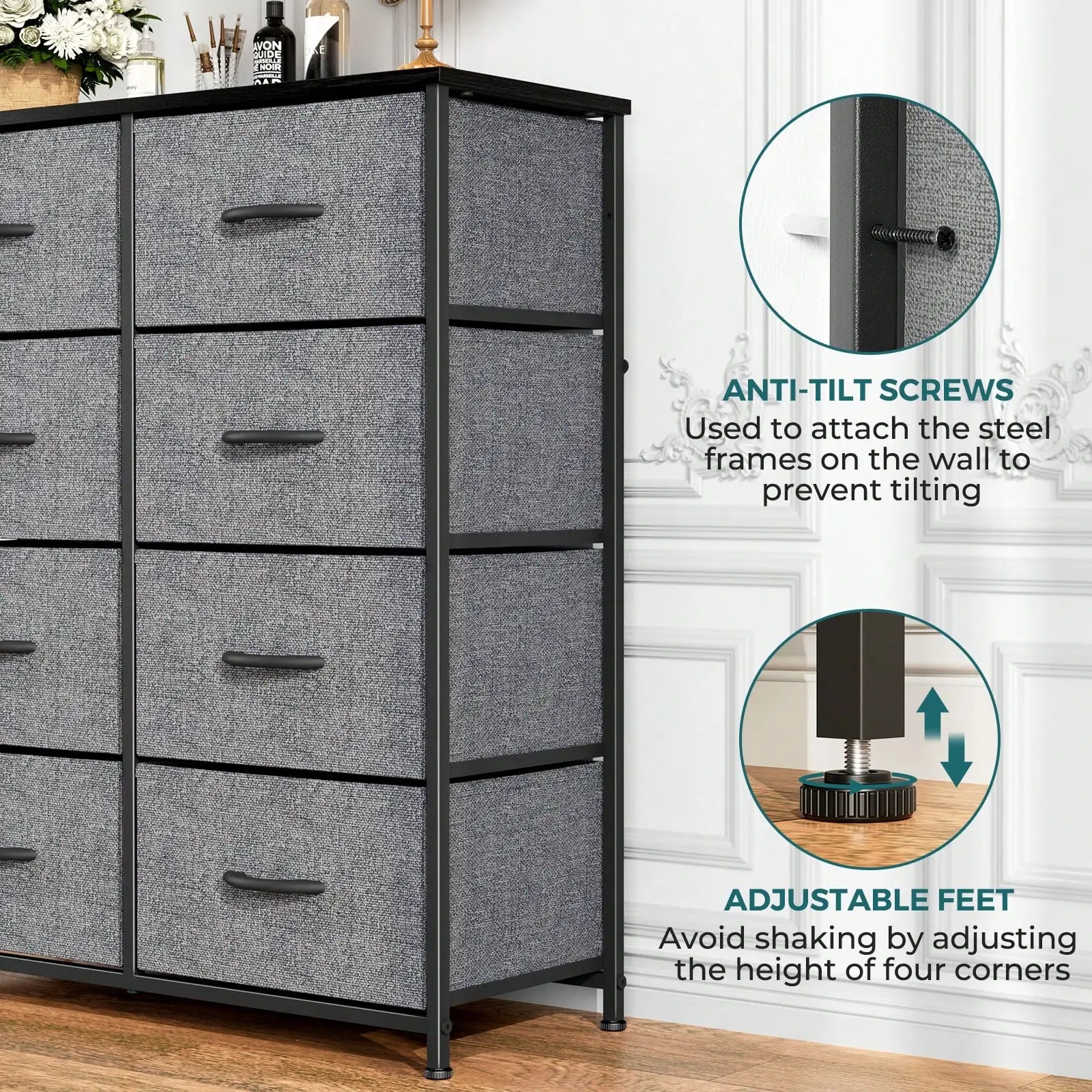 Tall Dresser With 8 Fabric Drawers Organizer Units, Chest Of Drawers For Bedroom With Wooden Top