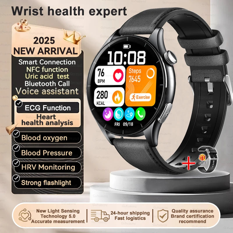 2025 New Body Fat Analysis Health Smart Watch ECG+PPG Uric Acid Lipid Blood Pressure NFC Clock Call Smartwatches For Men Women