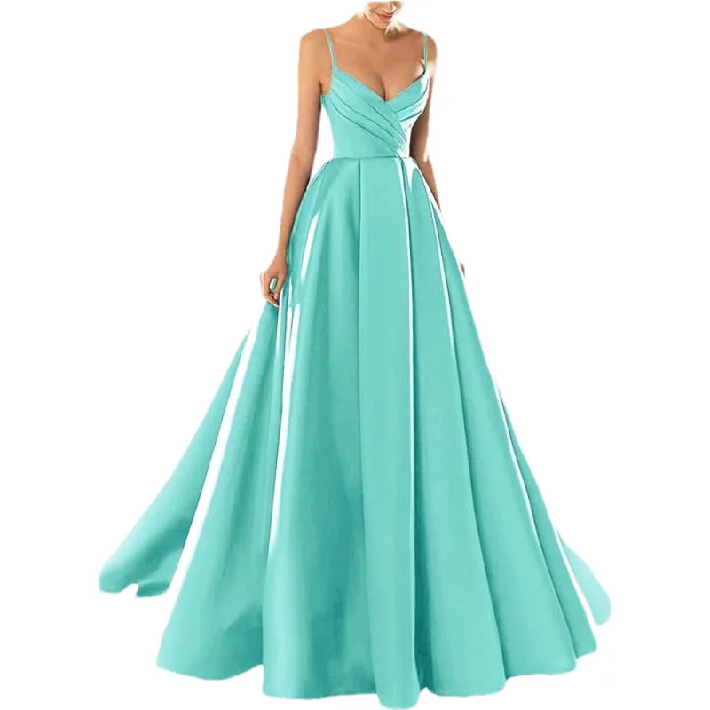 Customized Women's Satin Prom Dresses Formal Gowns Long Spaghetti Strap V-Neck A-line Simple Evening Party Dress with Pockets