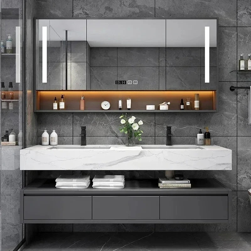 180cmLight Luxury Panel Intelligent Bathroom Cabinet Meuble Rock Salle De Bain Wood Washbasin Double Basin Bathroom Cabinet Home