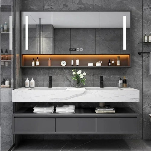 180cmLight Luxury Panel Intelligent Bathroom Cabinet Meuble Rock Salle De Bain Wood Washbasin Double Basin Bathroom Cabinet Home